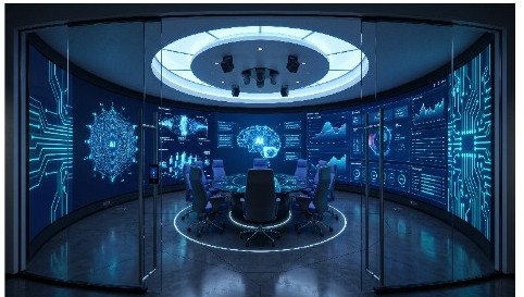 AI Experience Center — 360° curved LED walls and immersive demo environment